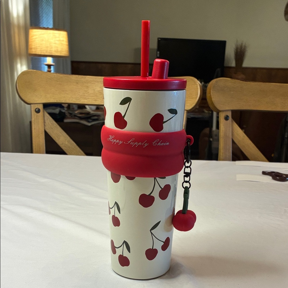 Happy Supply Chain Cherry Tumbler w Straw Red White Cherry Print Silicone Sleeve